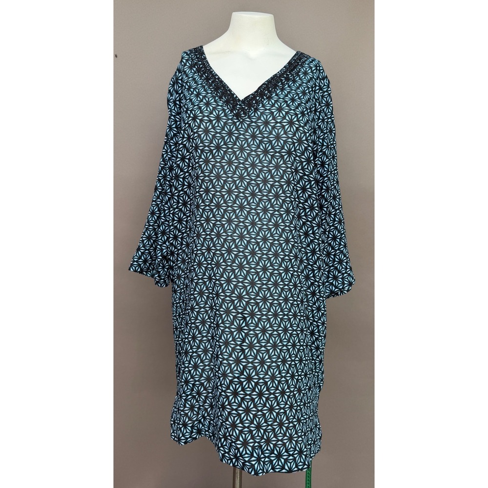 Lands End XL Blue Geometric Cotton V-Neck Kaftan Beach Cover Up Tunic Dress 18